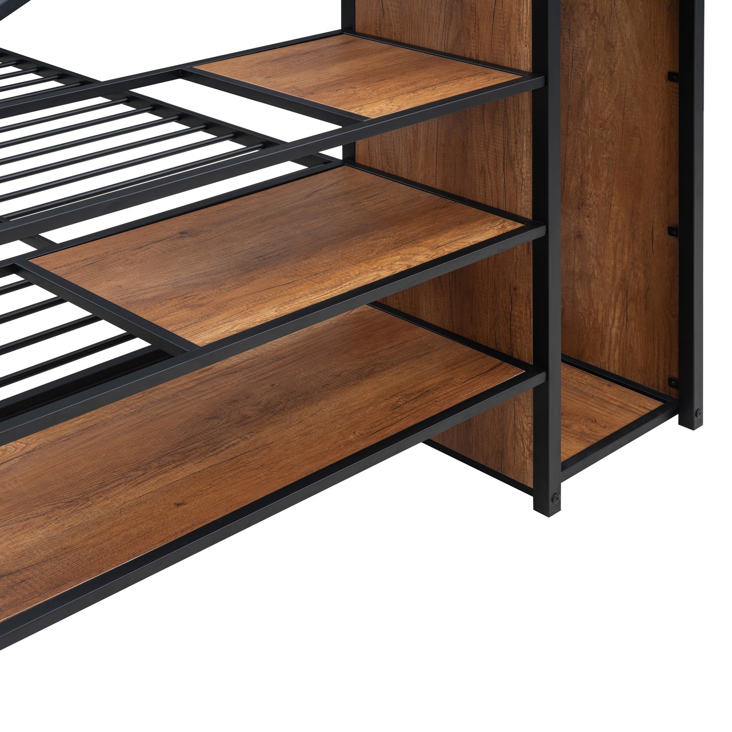Industrial metal bed frame with rustic wood grain shelves