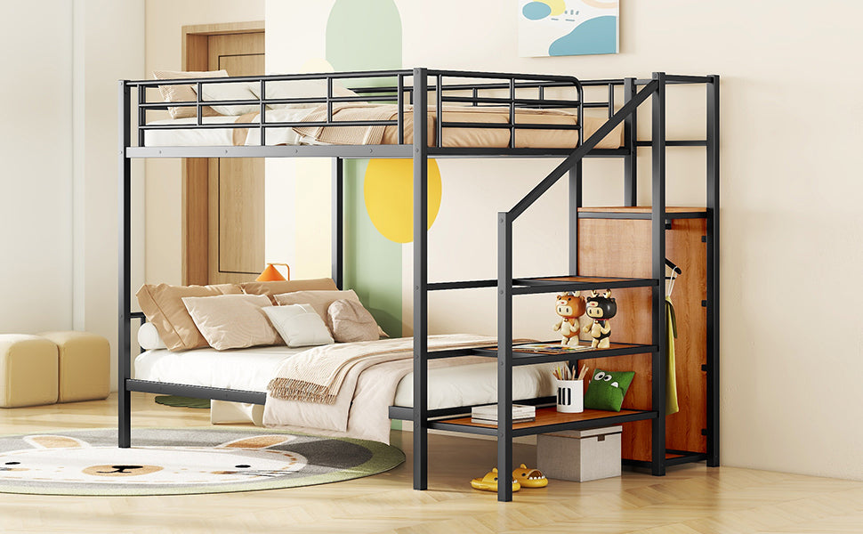 Black metal twin over twin bunk bed with ladder and storage shelves