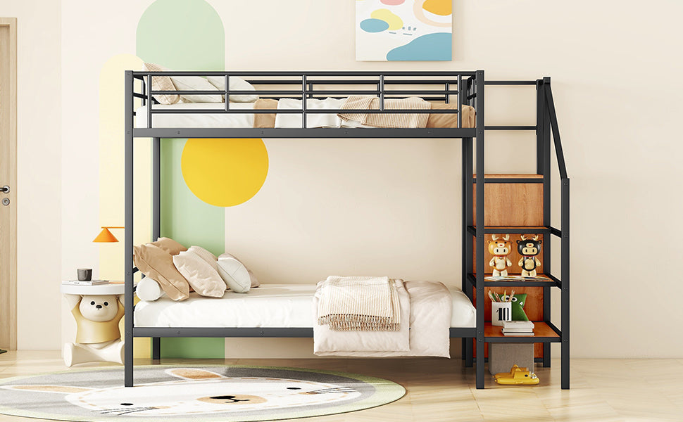 Black metal bunk bed with ladder and shelving