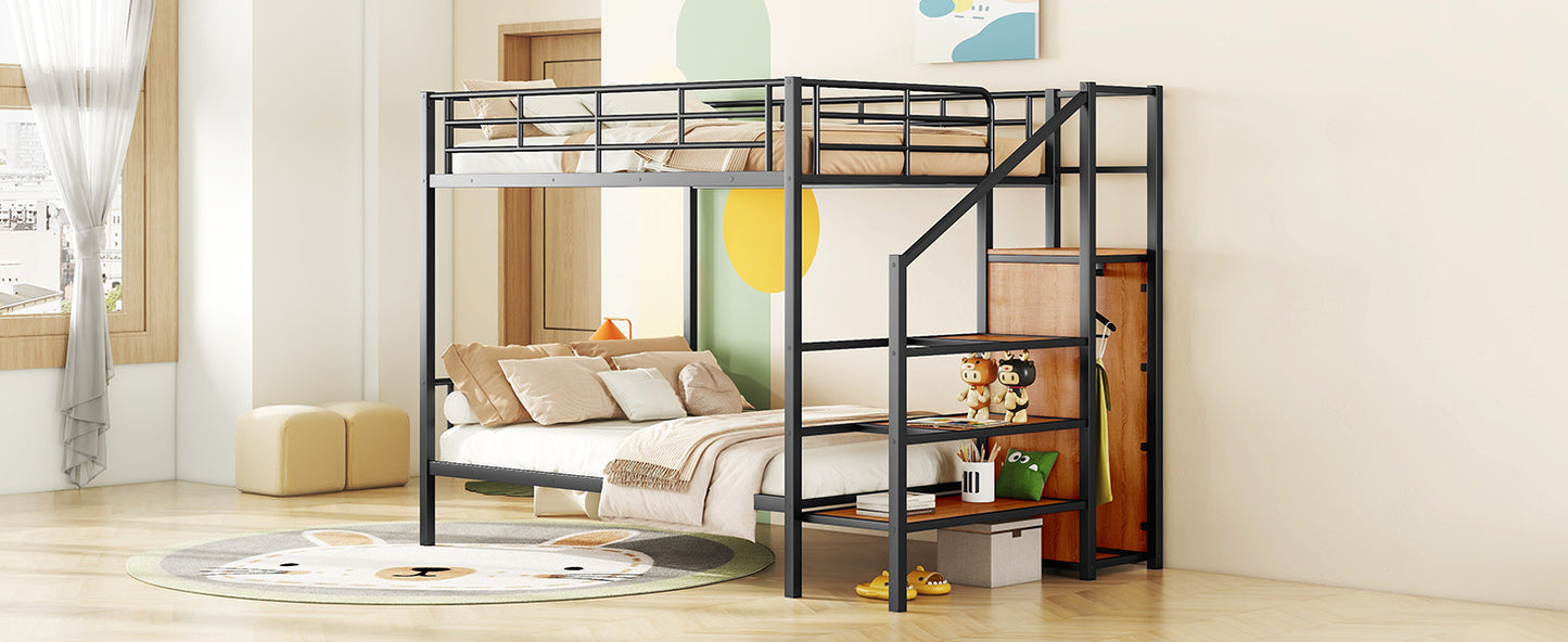 Black metal loft bed with stairs and storage shelves