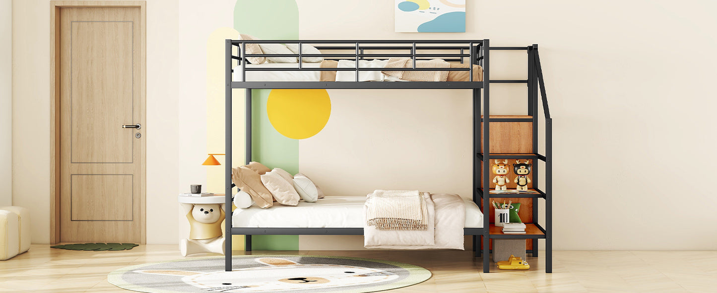 Black metal twin over twin bunk bed with builtin ladder and shelves