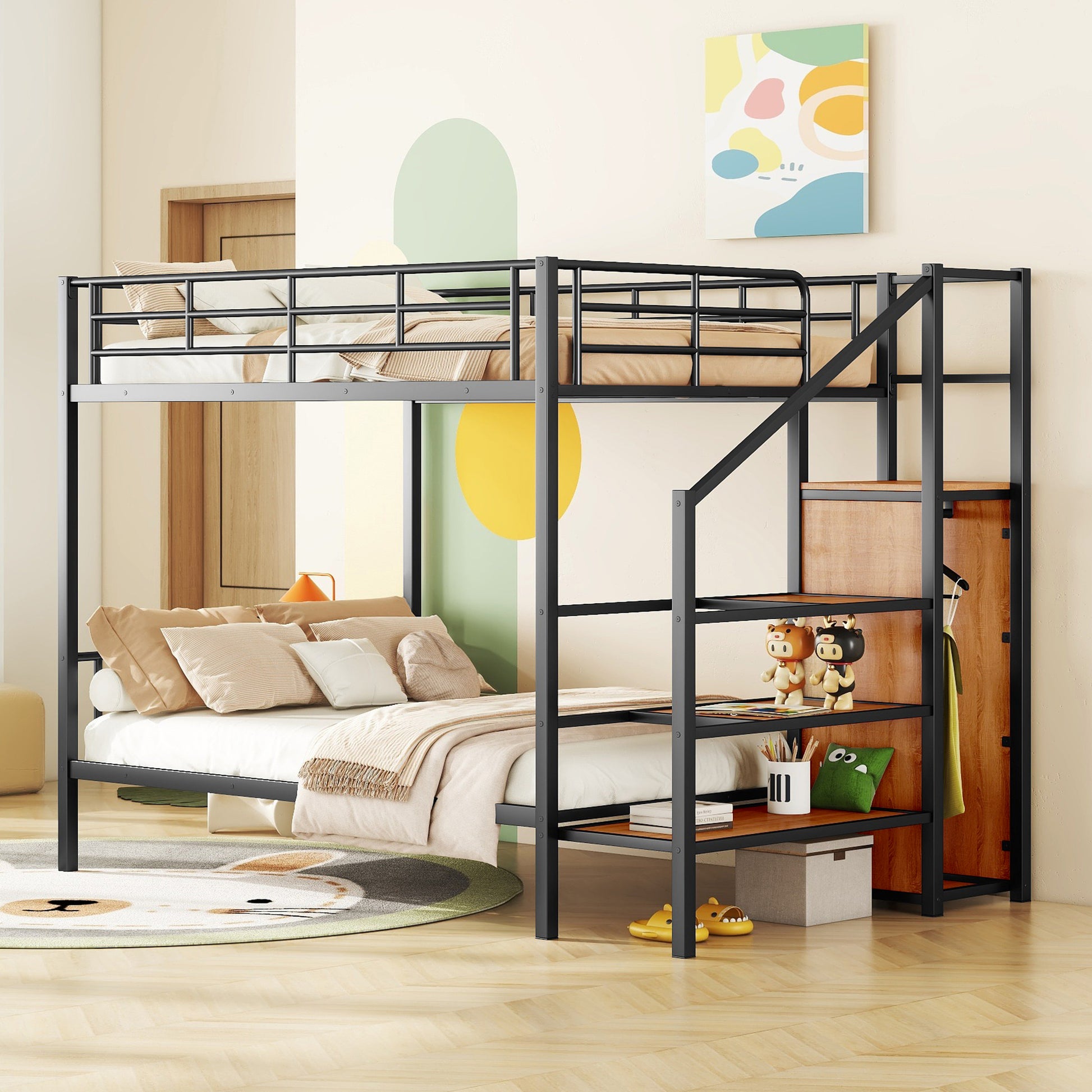 Black metal loft bed with stairs and integrated shelving