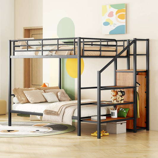Black metal loft bed with stairs and integrated shelving