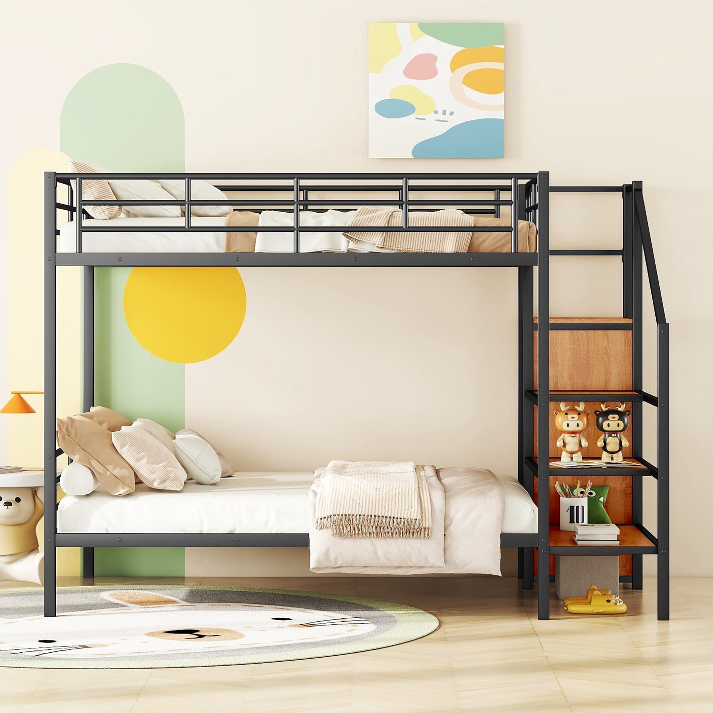 Black metal twin over twin bunk bed with integrated storage stairs