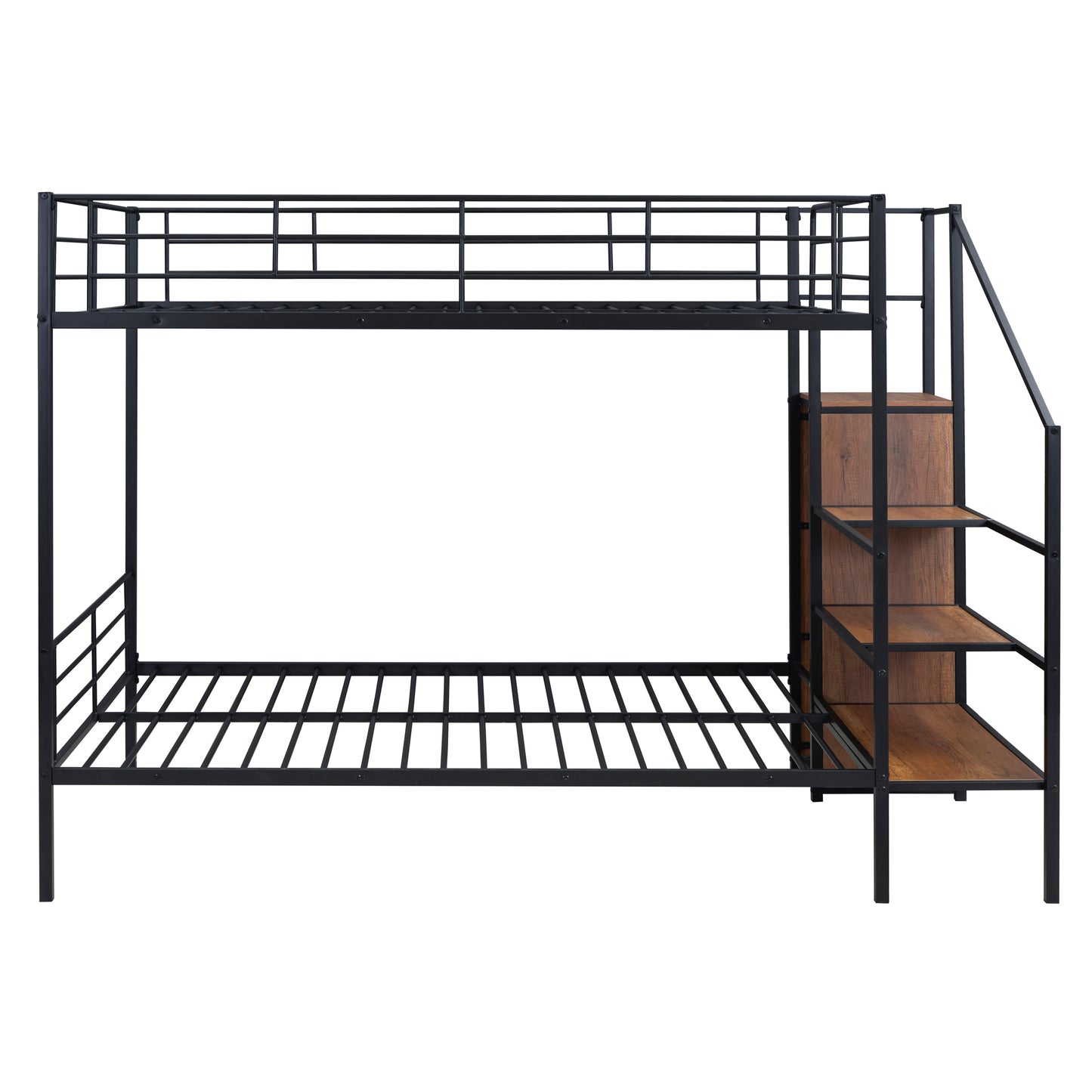 Black metal twin over twin bunk bed with integrated storage stairs