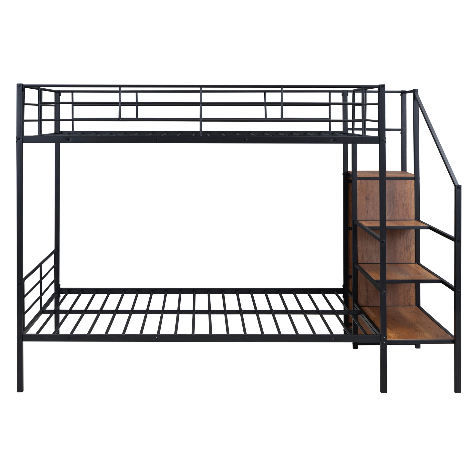 Black metal twin over twin bunk bed with integrated storage stairs
