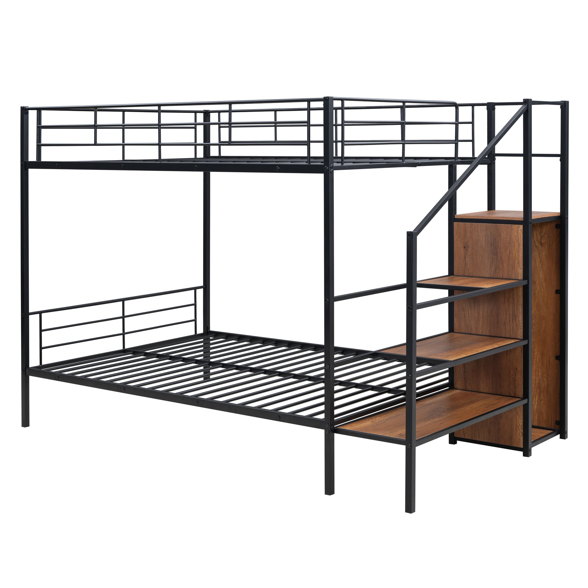 Black metal twin bunk bed with wooden step shelves