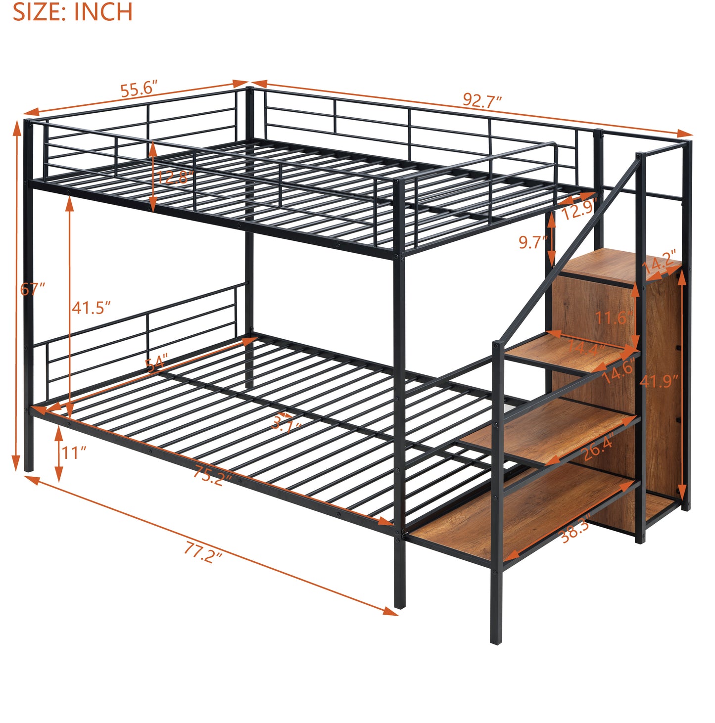 Black metal twinovertwin bunk bed with builtin storage stairs