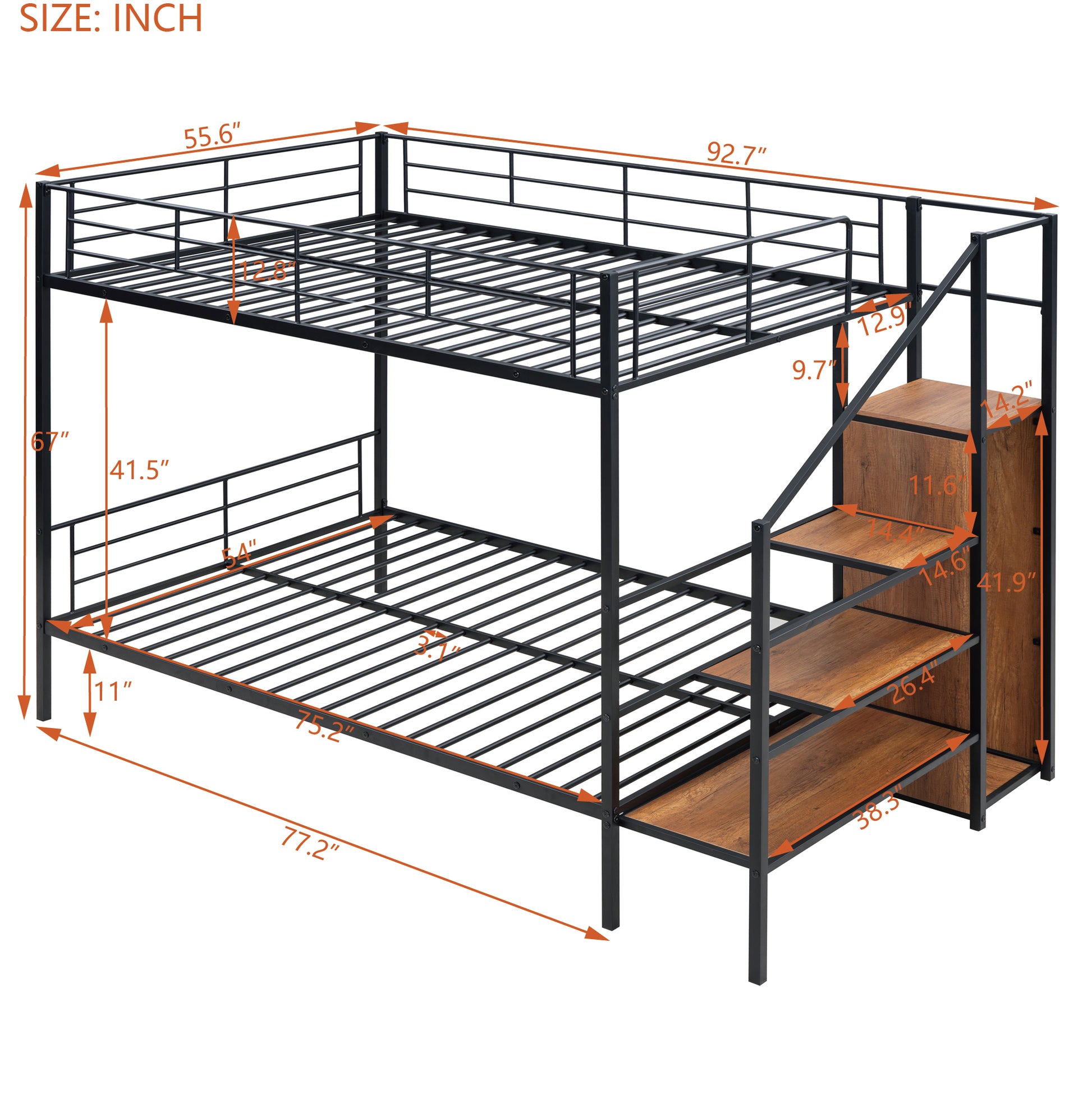 Black metal twinovertwin bunk bed with builtin storage stairs