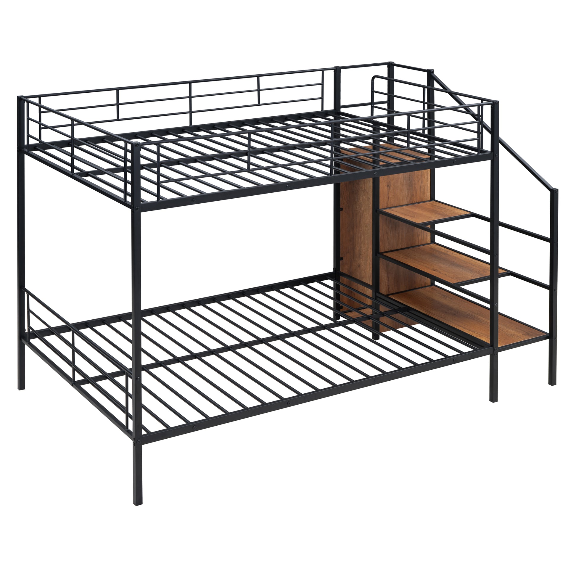 Black metal bunk bed with wooden integrated shelves and stairs