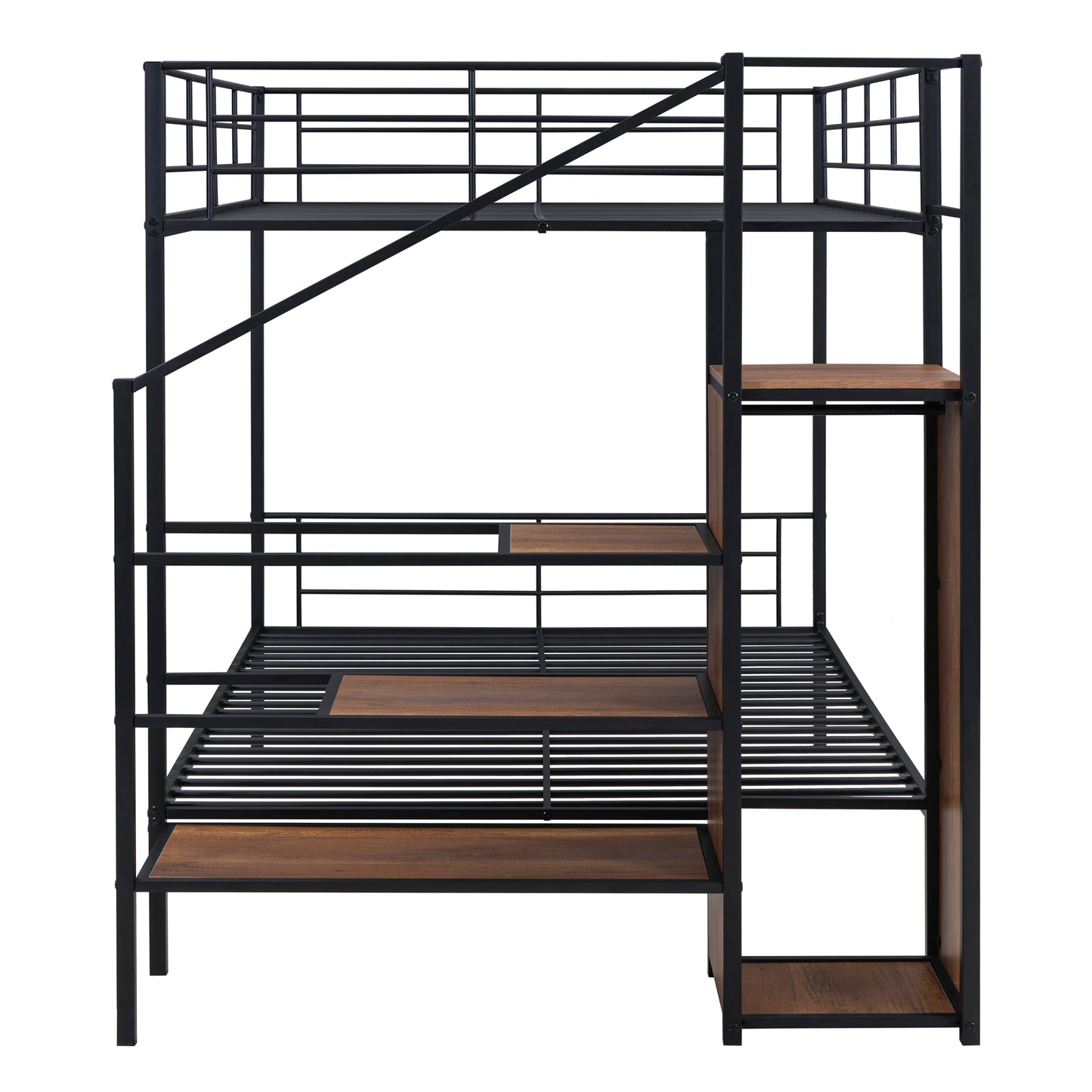 Black metal bunk bed with integrated wood shelves and stairs