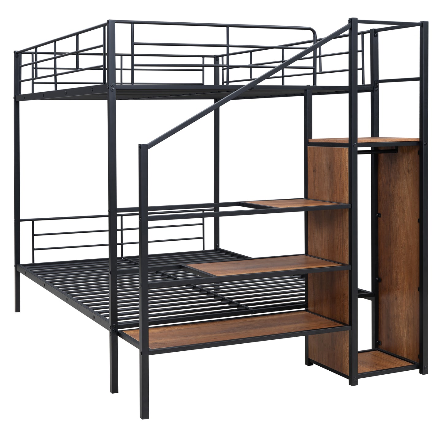 Black metal bunk bed with integrated wooden stairs and shelving