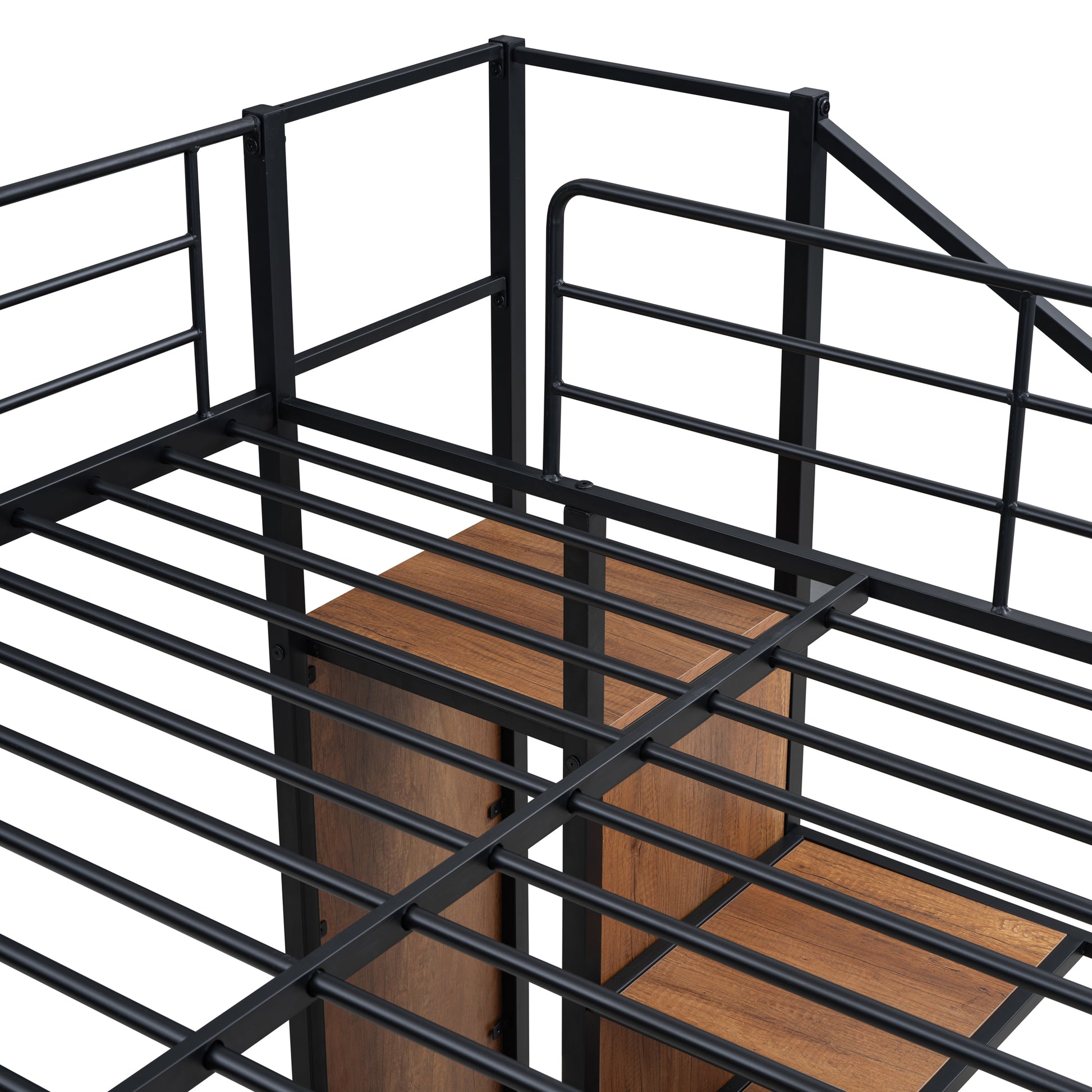 Black metal bunk bed frame with wooden slats
