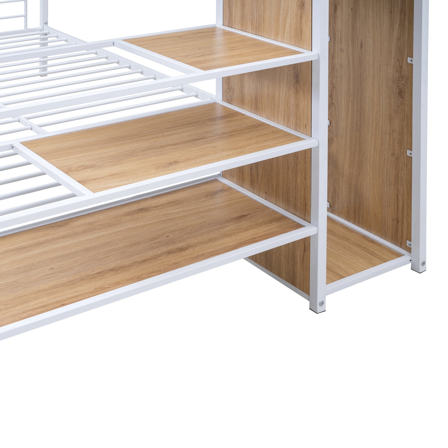 White metal frame bunk bed with oak finish shelves