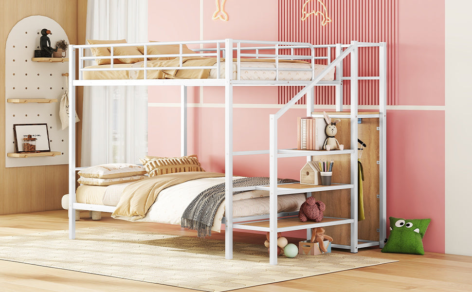 White metal bunk bed with integrated stairs and wood shelves