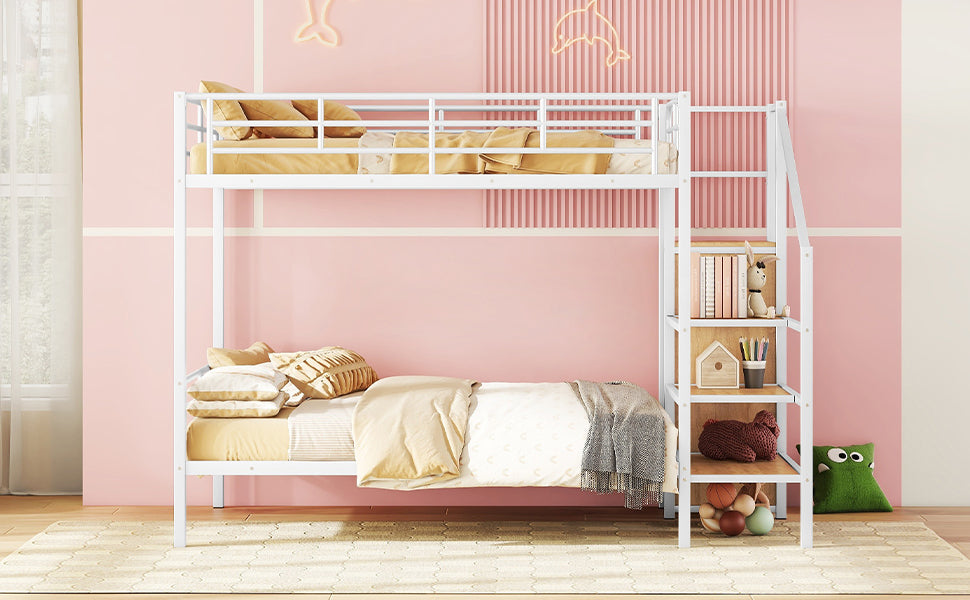 White metal twin over twin bunk bed with integrated shelving unit