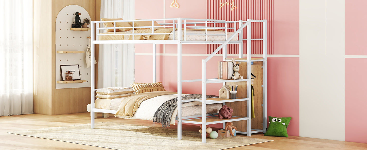 White metal bunk bed with stairs and shelves