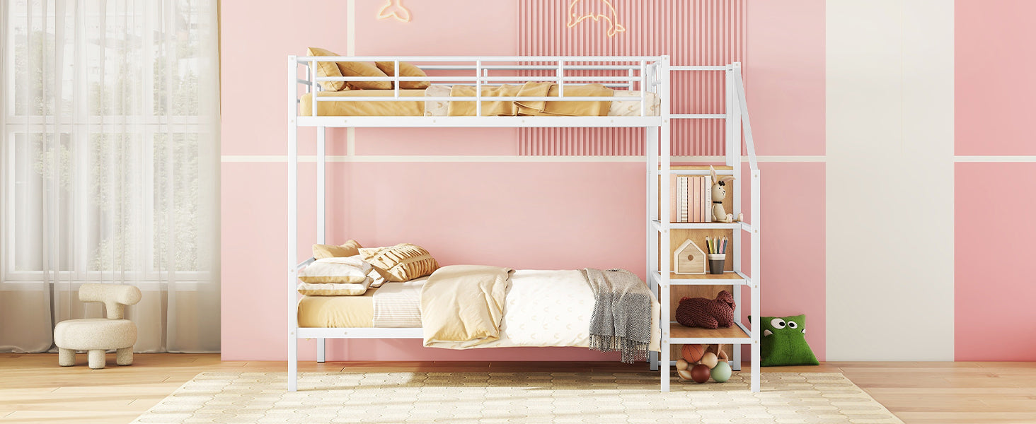 White metal twin over twin bunk bed with integrated shelves and ladder