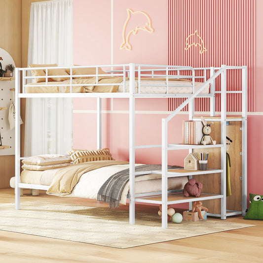 White metal twin over twin bunk bed with integrated storage shelves and ladder for kids rooms