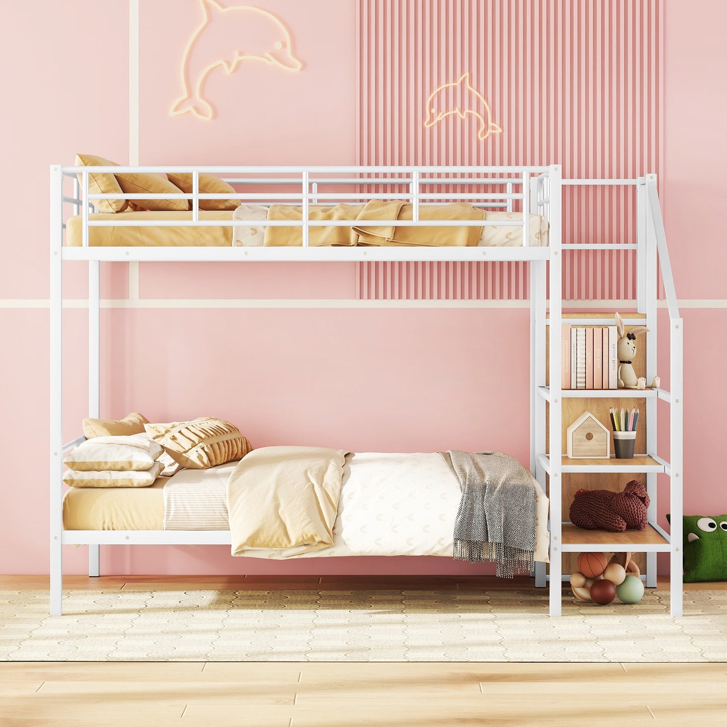 White metal twin over twin bunk bed with ladder and shelves