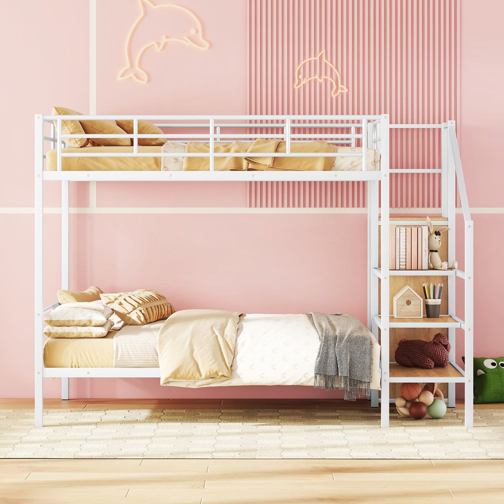 White metal twin over twin bunk bed with ladder and shelves