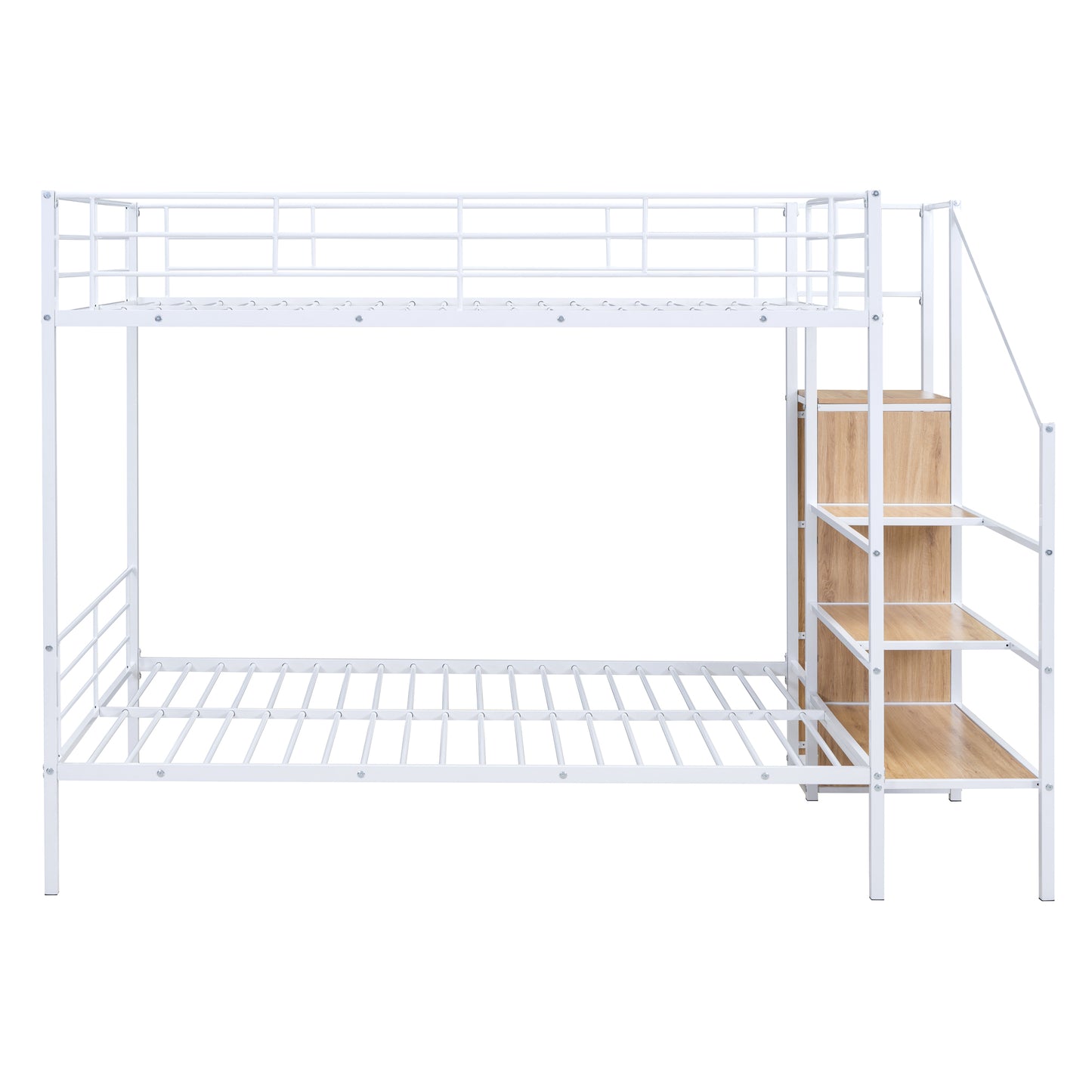 White metal bunk bed with integrated wooden steps and storage