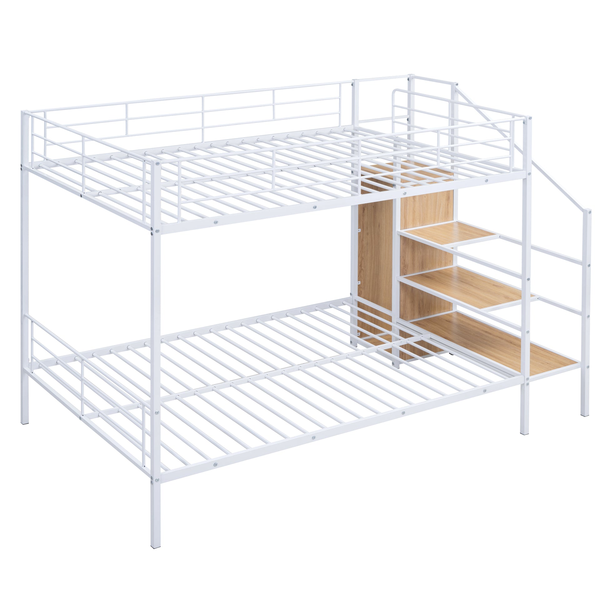 White metal bunk bed with integrated wooden shelves and staircase for kids