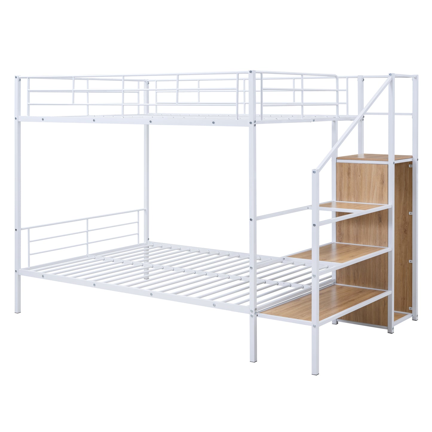 White metal bunk bed with stairs and integrated shelving