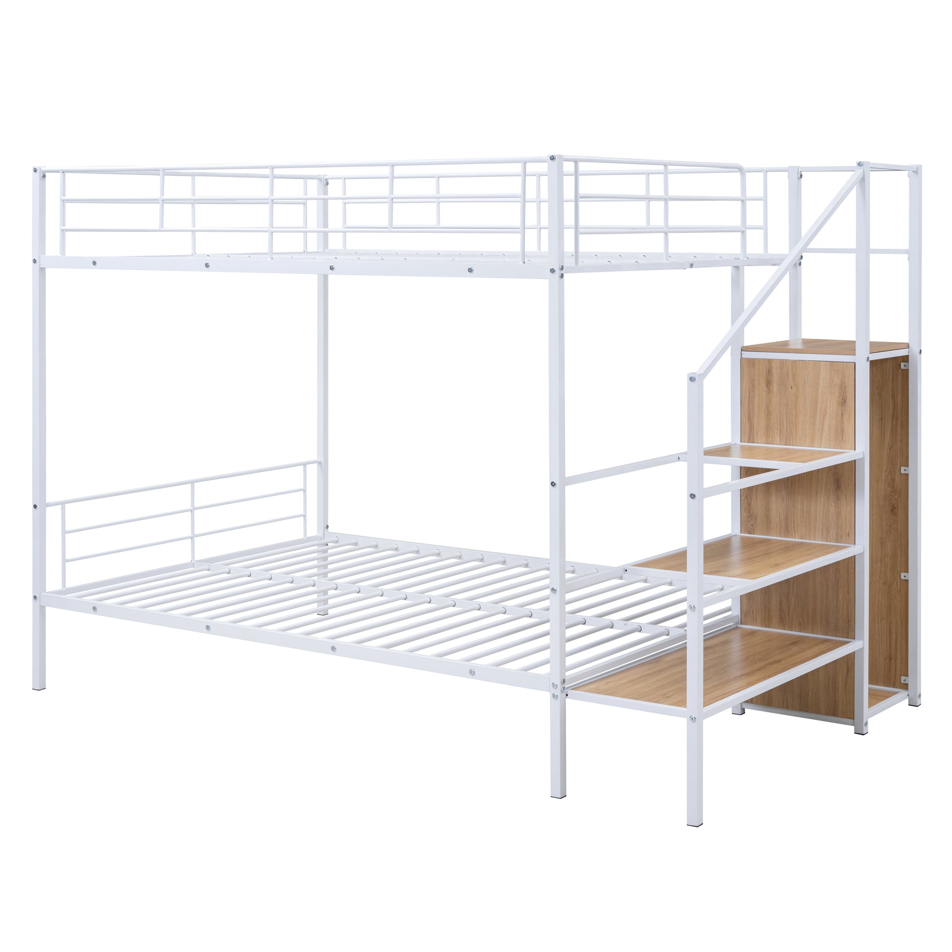 White metal bunk bed with stairs and integrated shelving