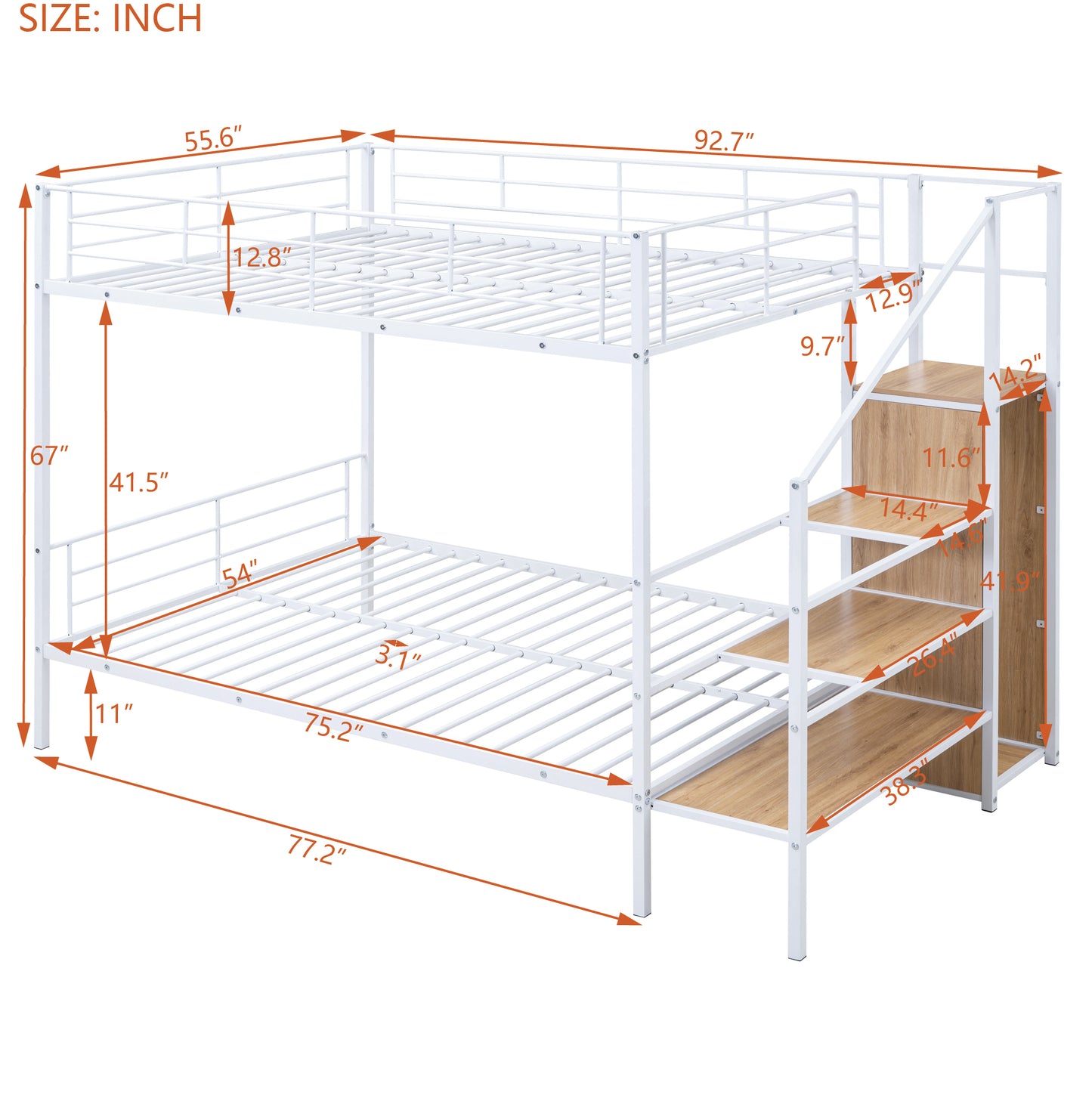 White metal bunk bed with integrated wood stairs and storage
