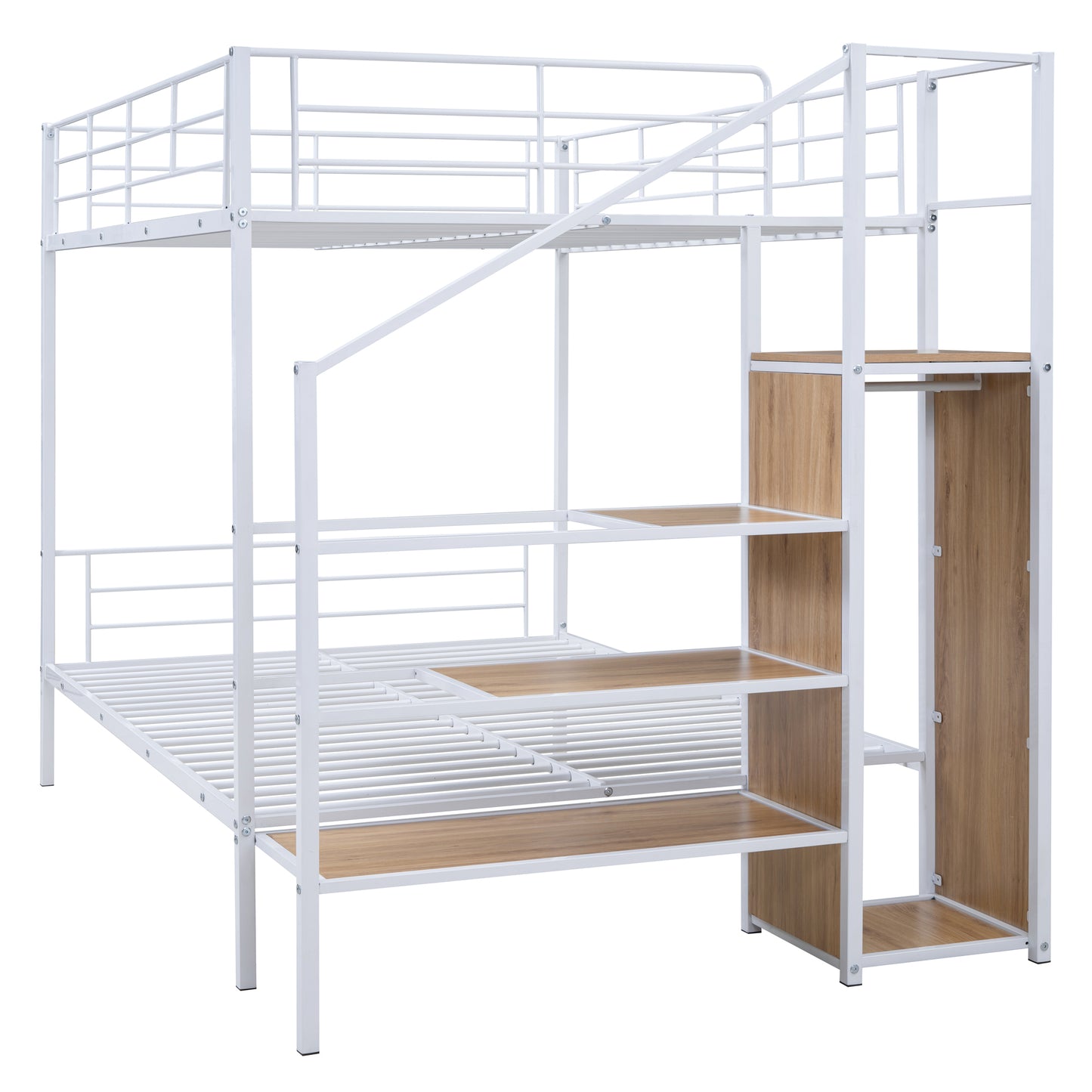 White metal bunk bed with wooden steps and integrated storage