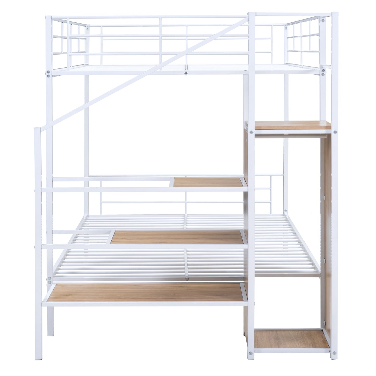 White metal loft bed with integrated desk and wooden accents