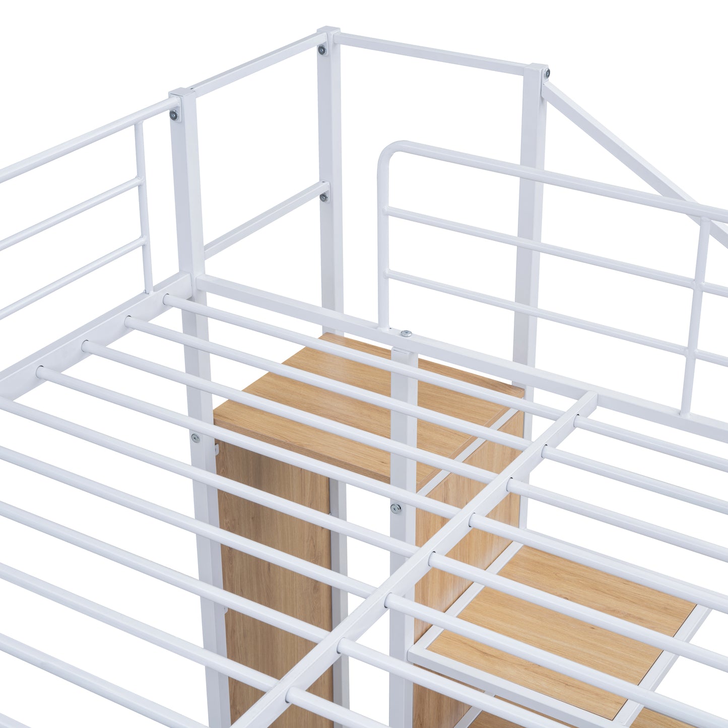 White metal bunk bed frame with wooden accents sturdy and modern design