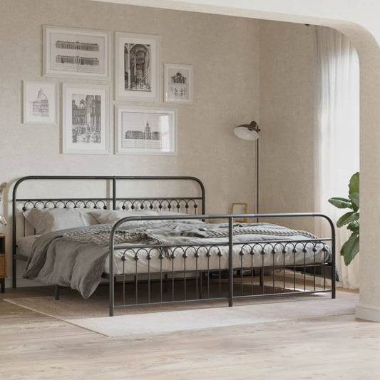 Black metal queen bed frame with decorative headboard and footboard
