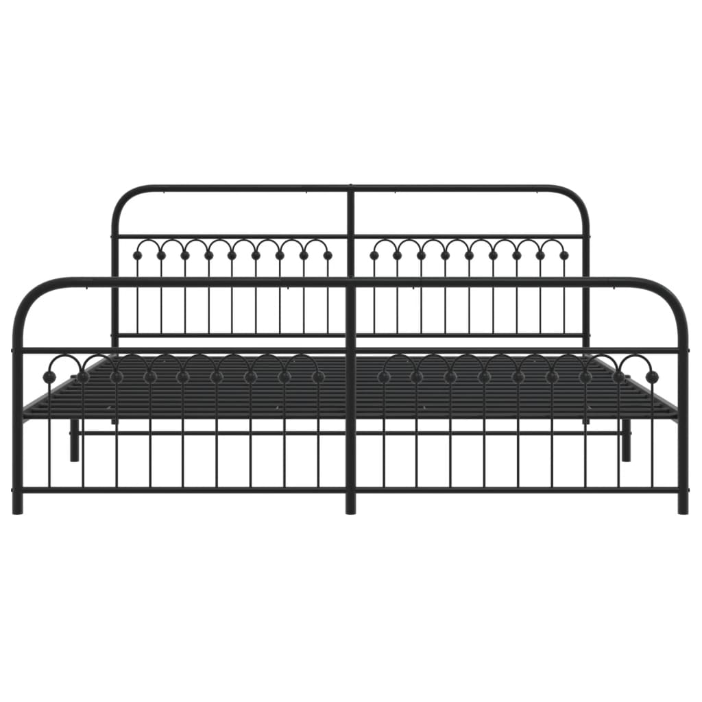 Black metal bed frame with decorative arched headboard and footboard