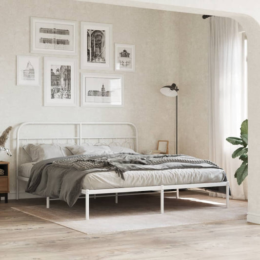 White metal king bed frame with arched headboard and footboard