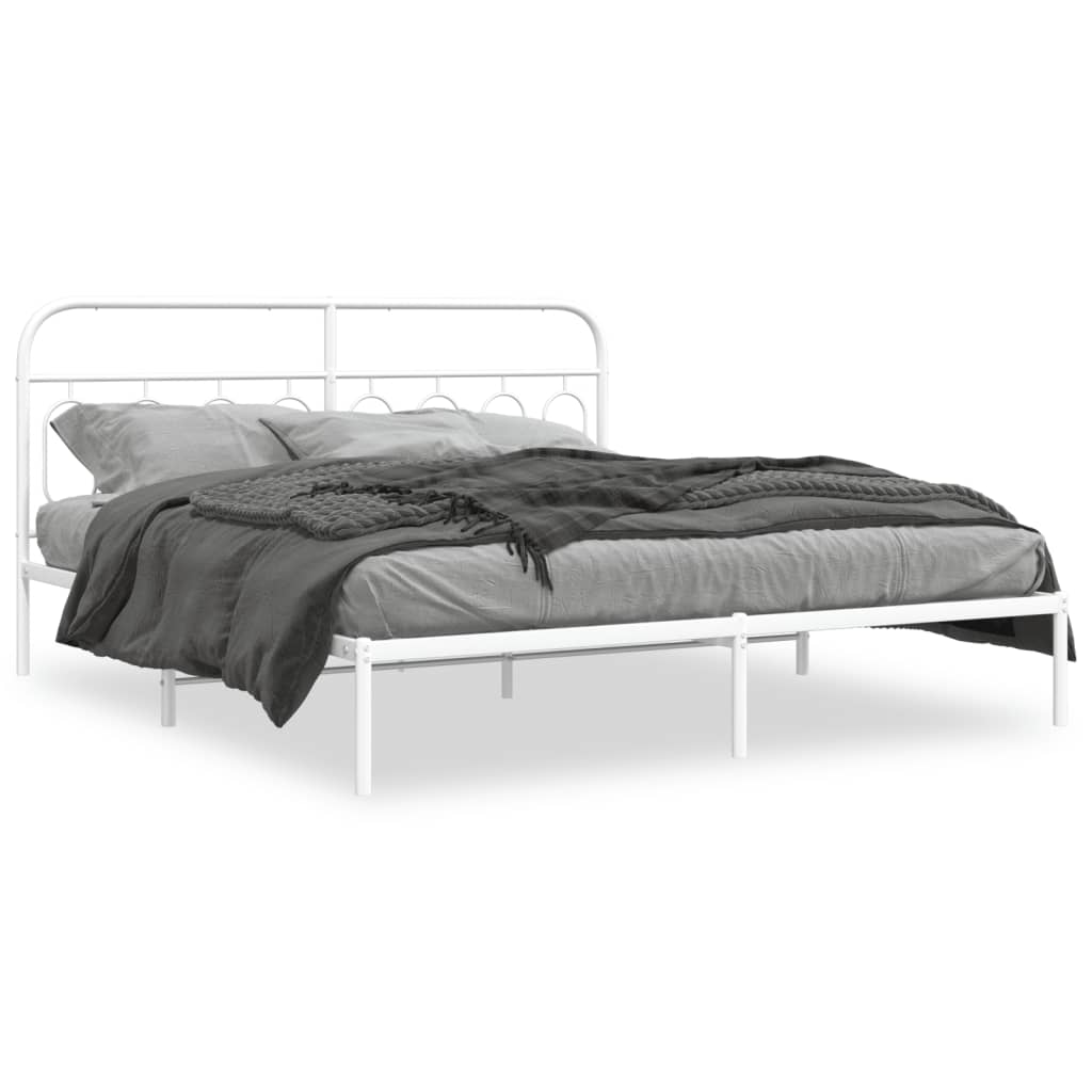 Line drawing of a metal platform bed frame with a decorative headboard