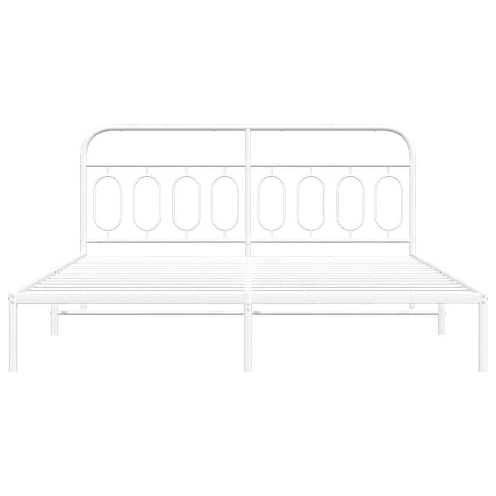 White metal twin bed frame with oval headboard design