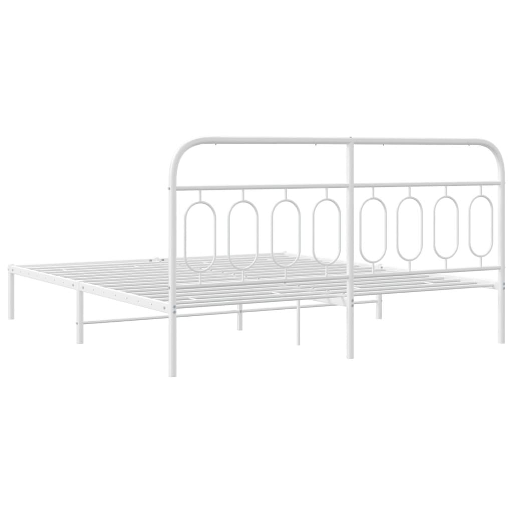 White metal platform bed frame with ornate headboard