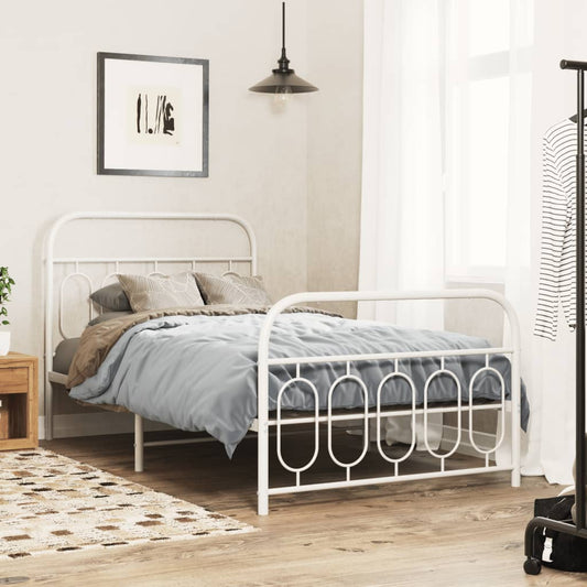 Classic white metal twin bed frame with decorative oval headboard details