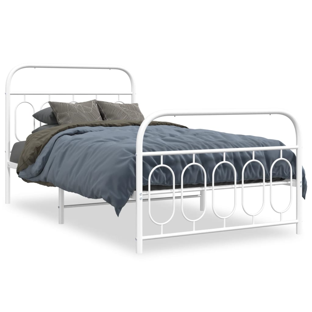 Line drawing of a white metal bed frame with detailed dimensions