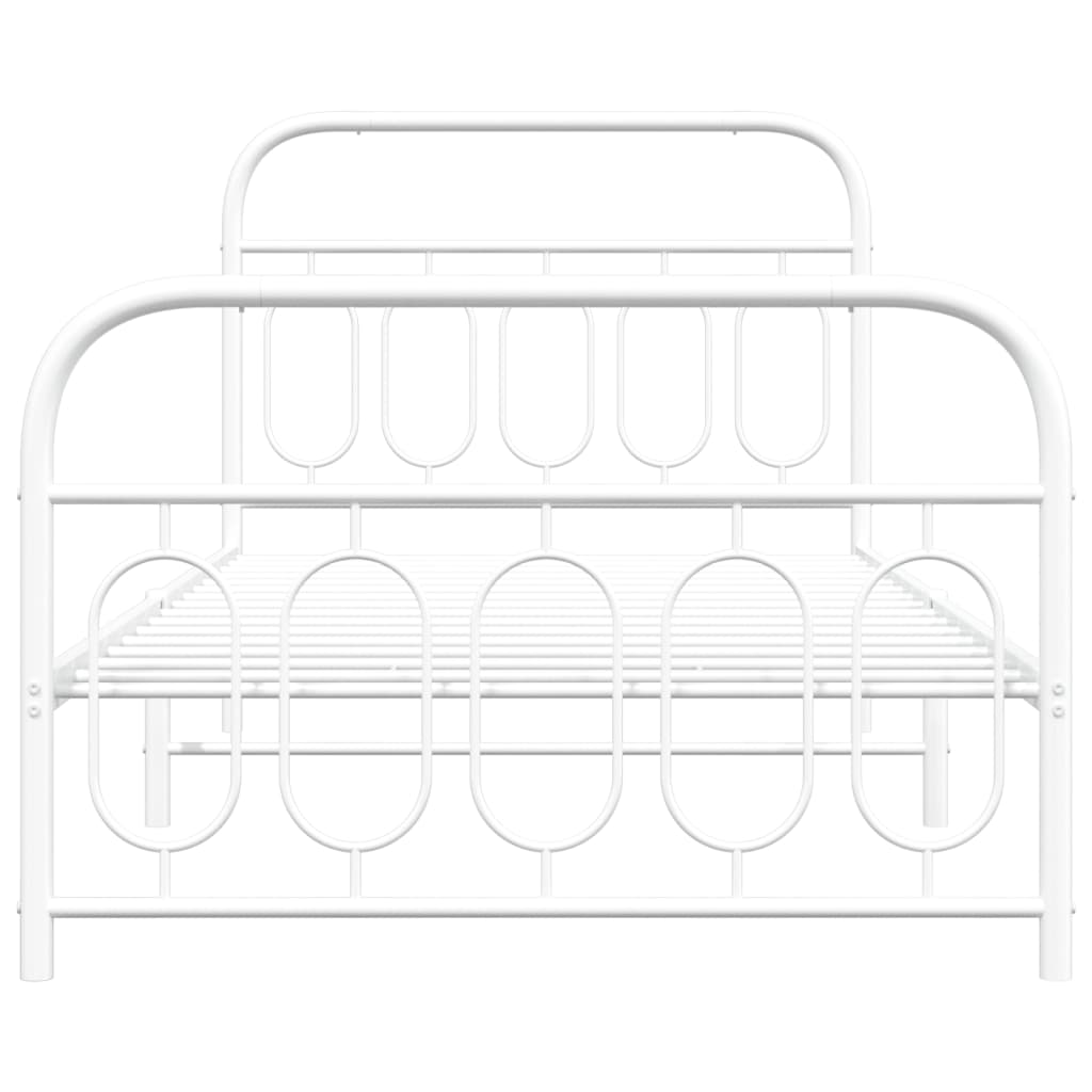 White metal twin bed frame with rounded headboard and footboard