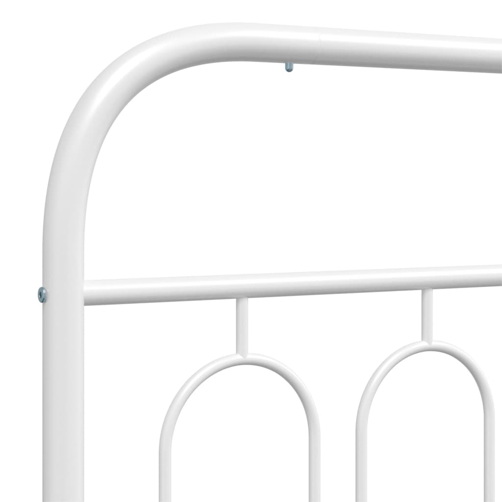 White metal bed frame with curved headboard and footboard featuring oval cutouts