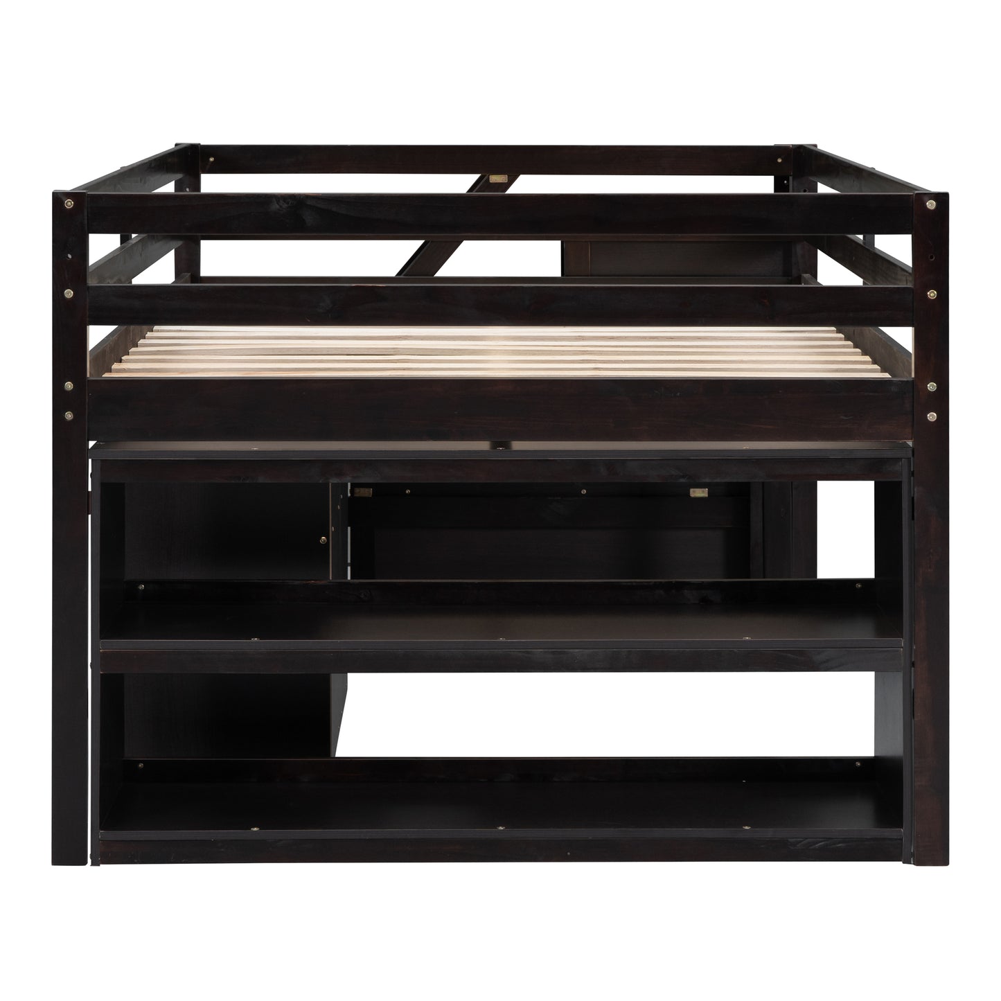 Dark wood loft bed with integrated desk and shelving