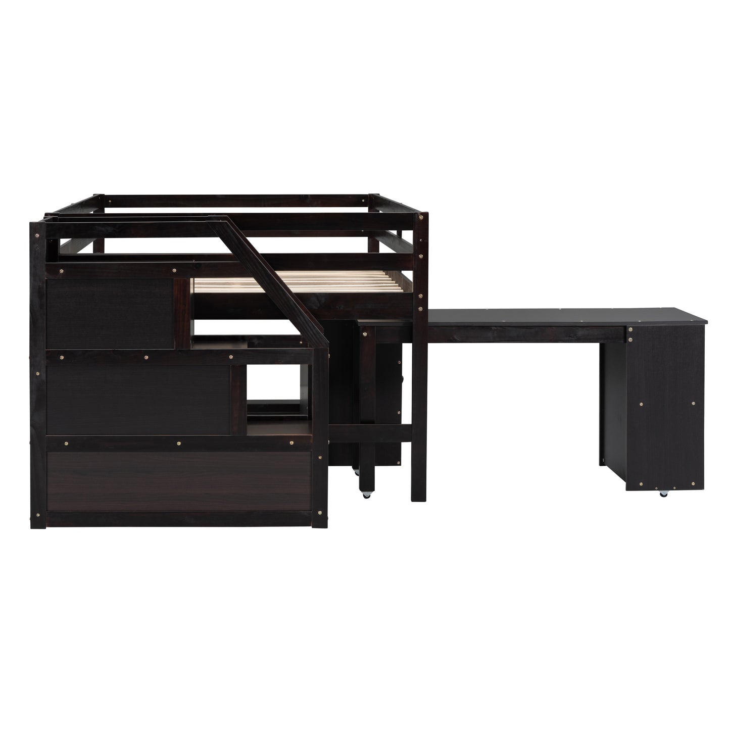 Dark brown wooden loft bed with integrated desk and storage stairs