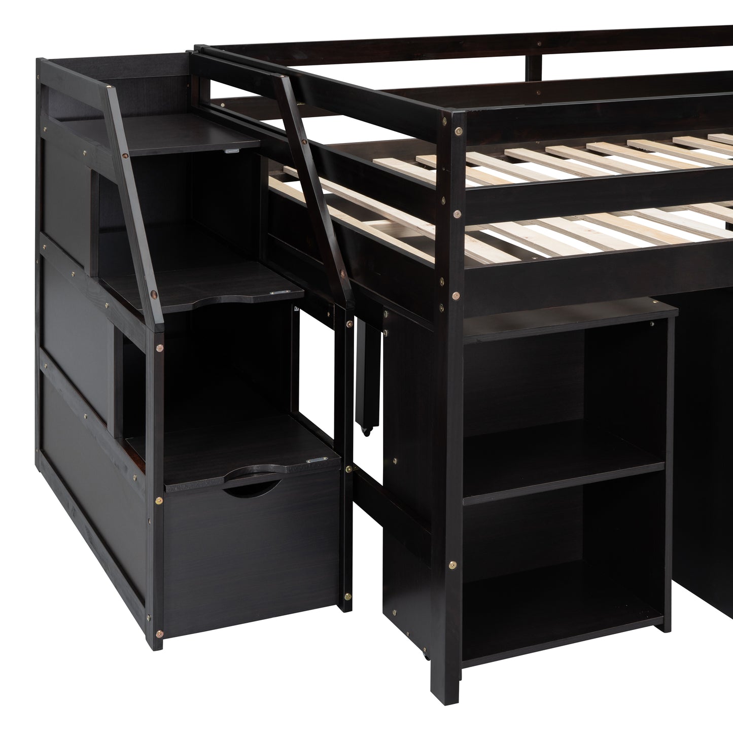 Dark wood loft bed with integrated stairs and shelving