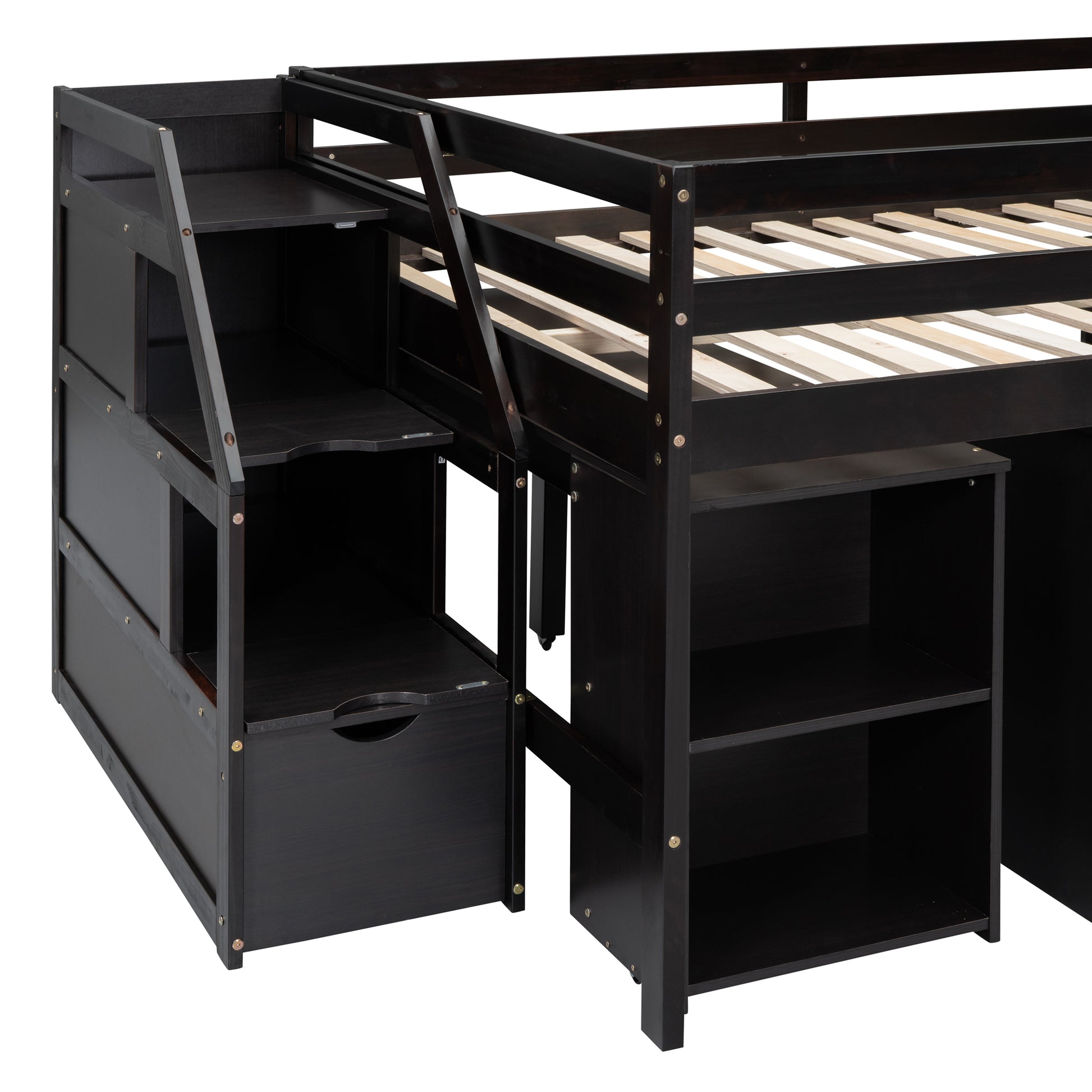 Dark wood loft bed with integrated stairs and shelving
