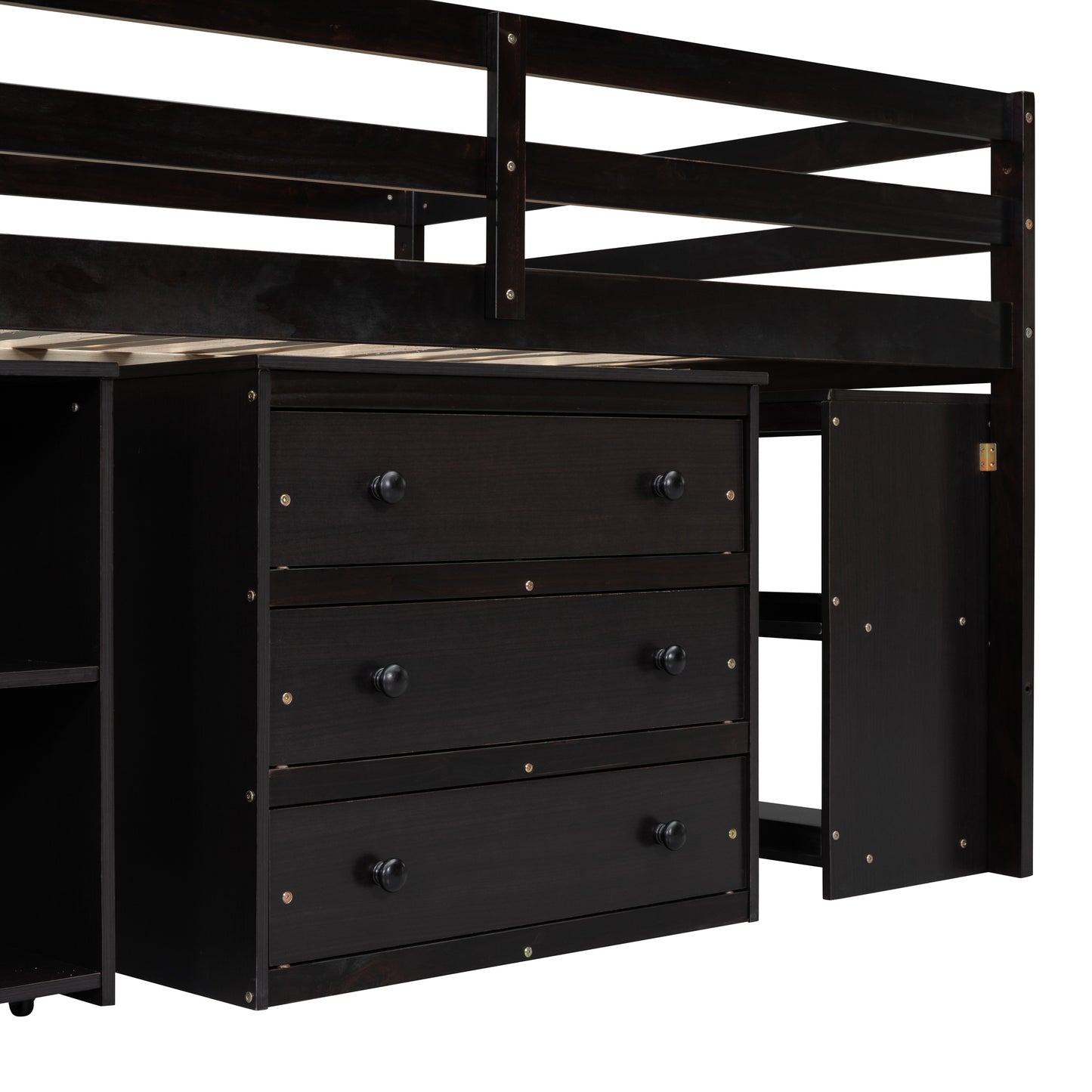 Dark espresso loft bed with three drawer dresser and open shelf storage