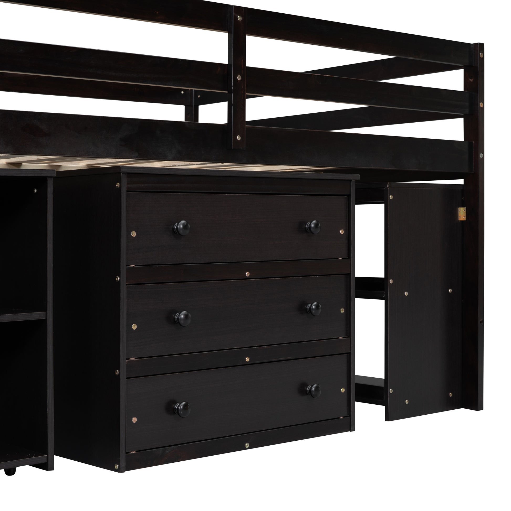 Dark espresso loft bed with three drawer dresser and open shelf storage
