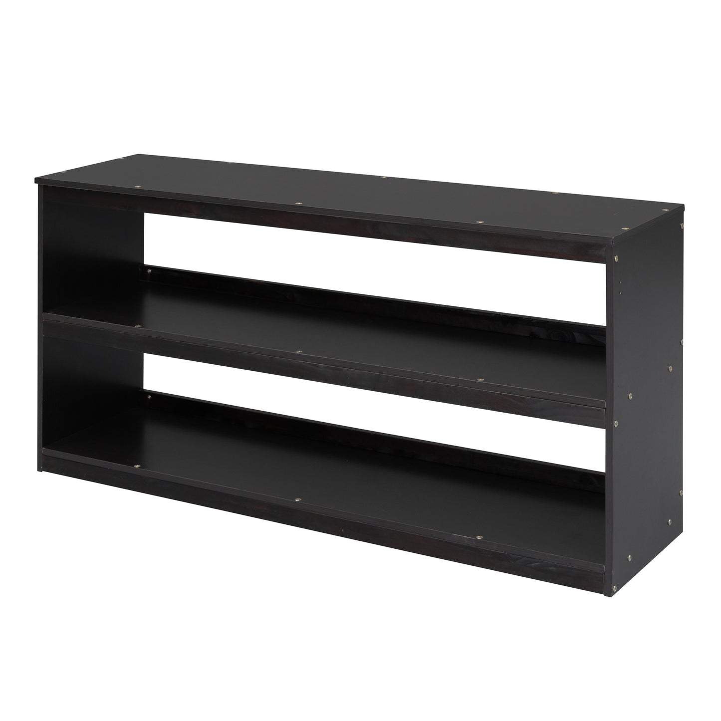 Dark wood shoe rack with three open shelves